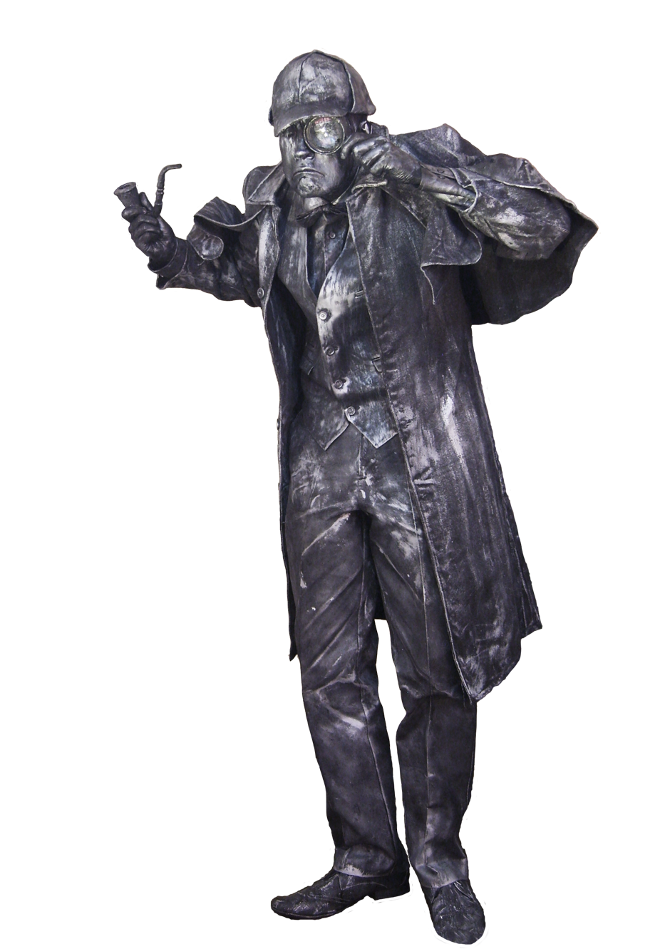 a silver living statue of Sherlock Holmes